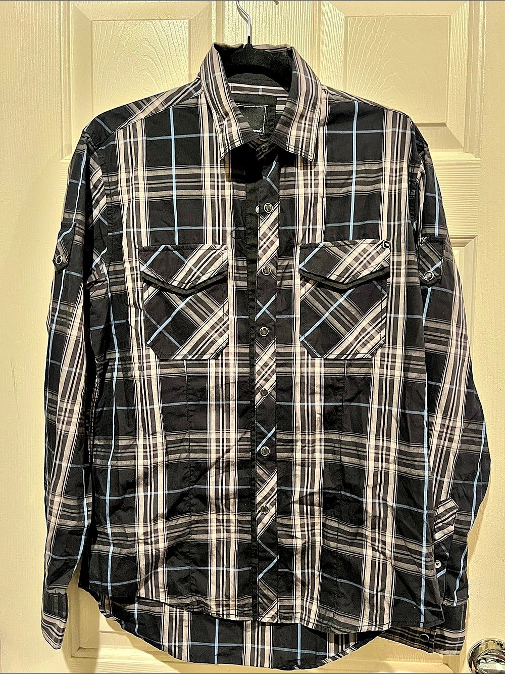 7 Diamonds Men's Plaid Snap-Front Shirt in Black & Gray Like New